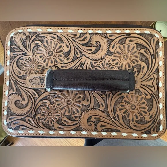 real cow hide and tooled leather jewelry box - brand new